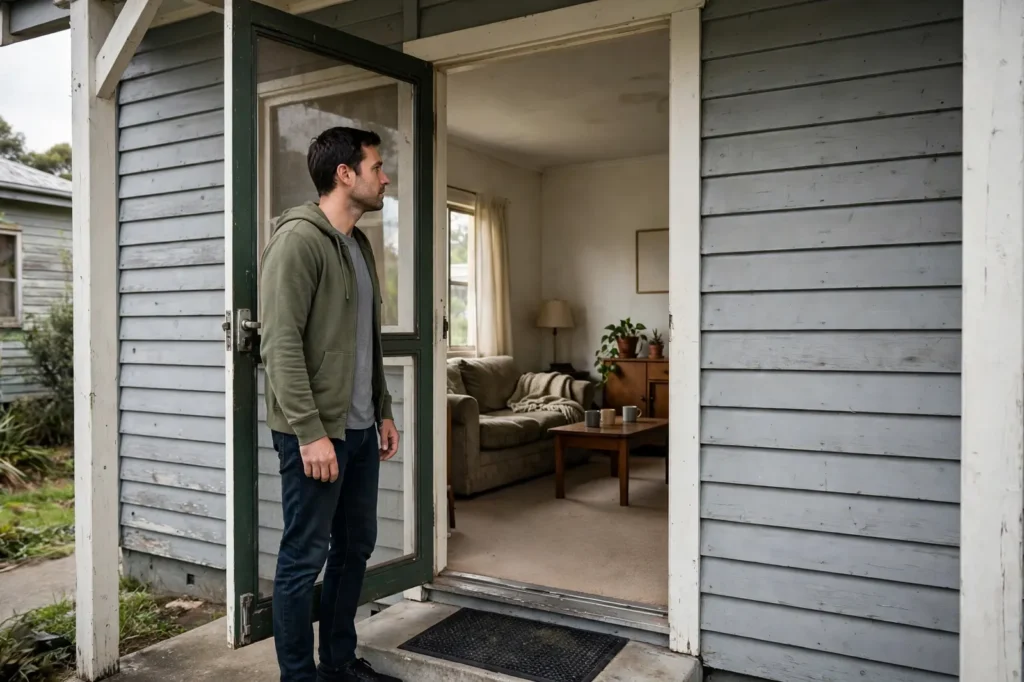 A tenant viewing a weatherboard rental home