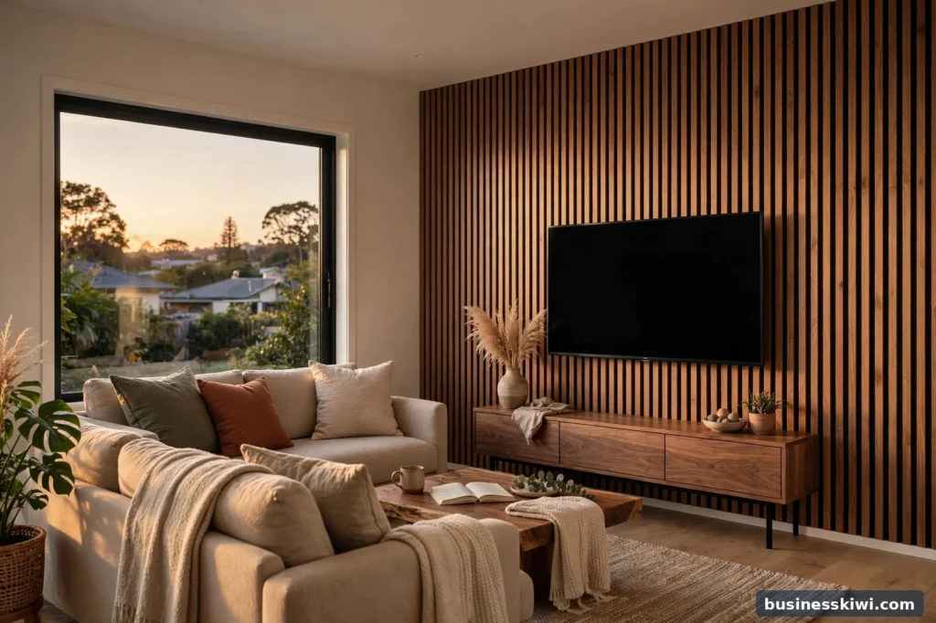 A living room with natural walnut timber slat acoustic panelling