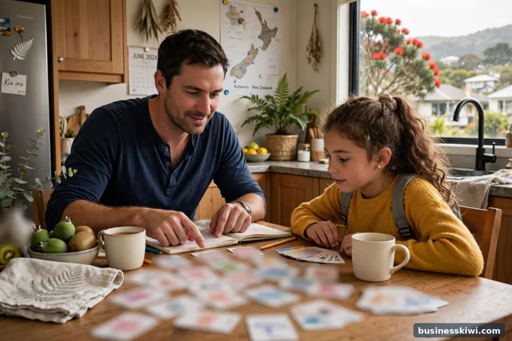 A parent helping a child practise times tables with flashcards