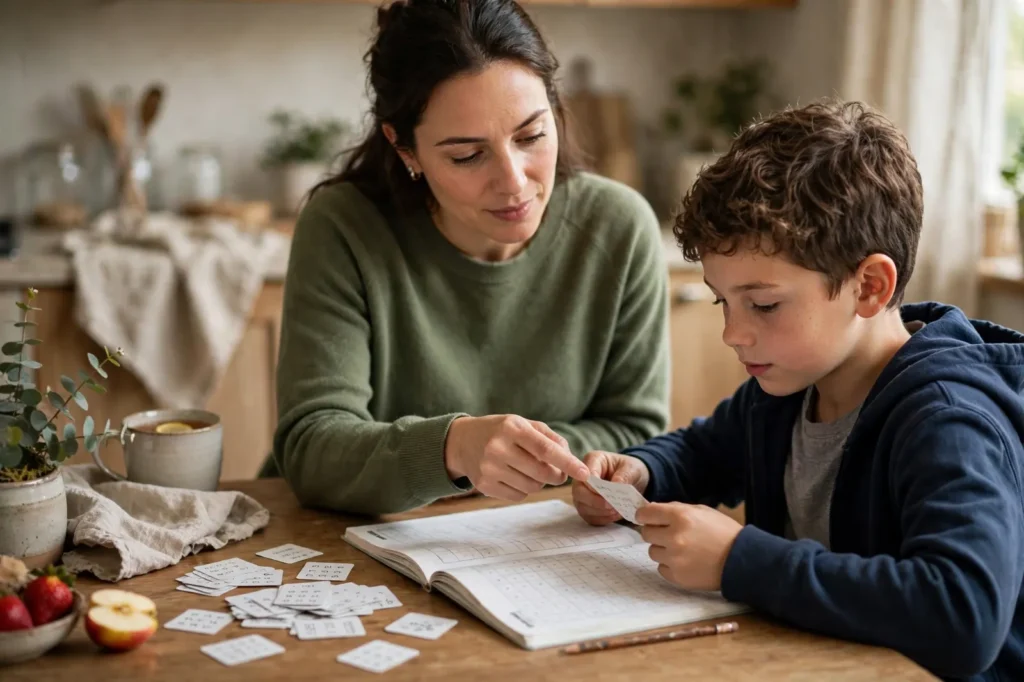 A parent helping a child practise times tables with flashcards