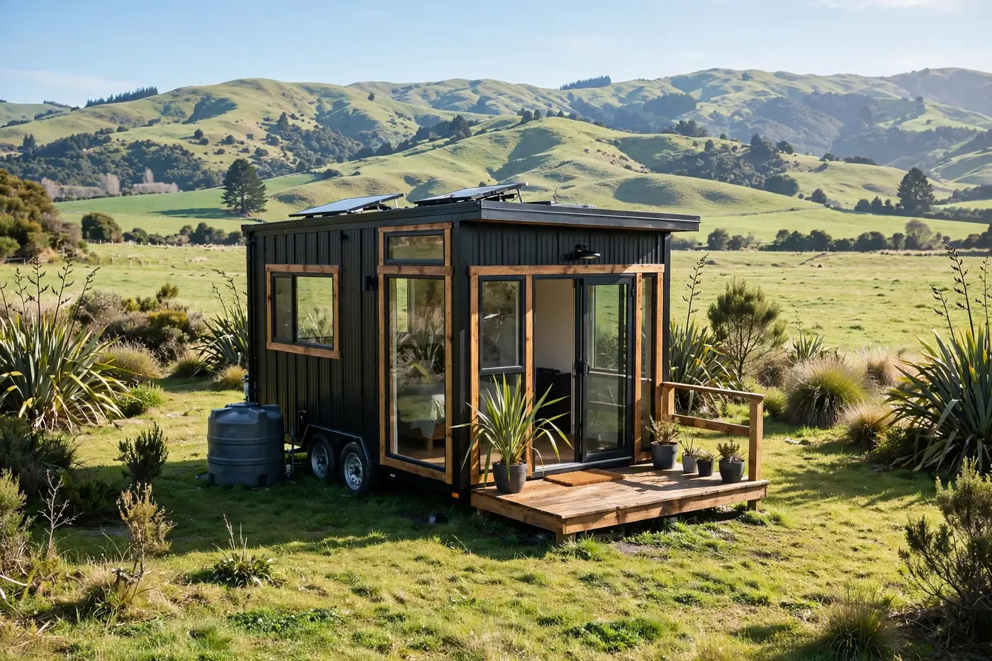 A tiny house on wheels on a grassy New Zealand section with hills behind