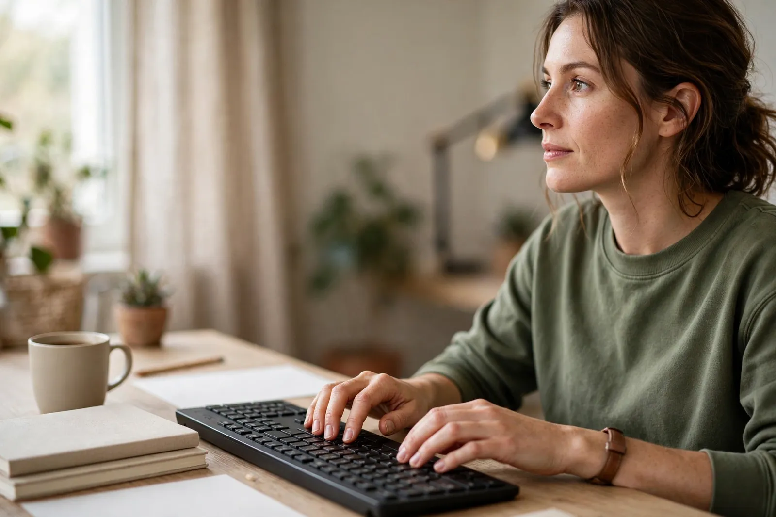 A woman practising touch typing at a keyboard