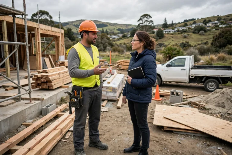 A tradesperson talking with a client at a building site