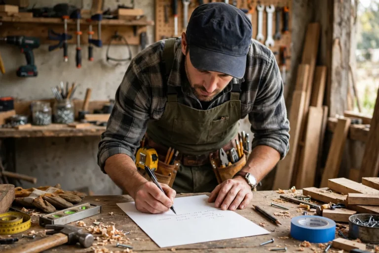 A tradesperson writing out an invoice at a workbench