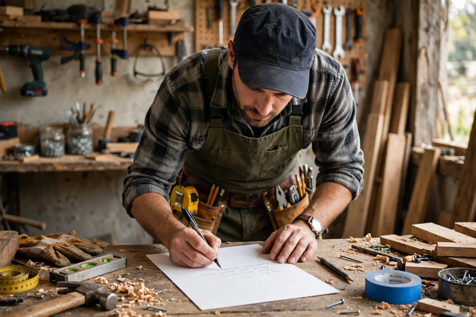 A tradesperson writing out an invoice at a workbench