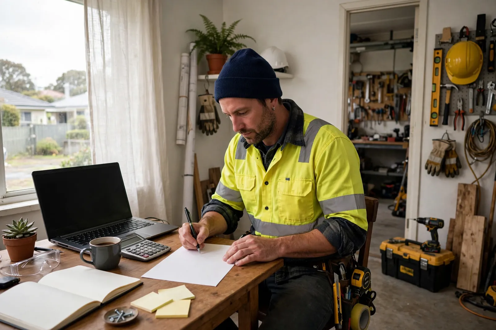 A tradesperson writing an invoice by hand at a desk with a laptop and calculator