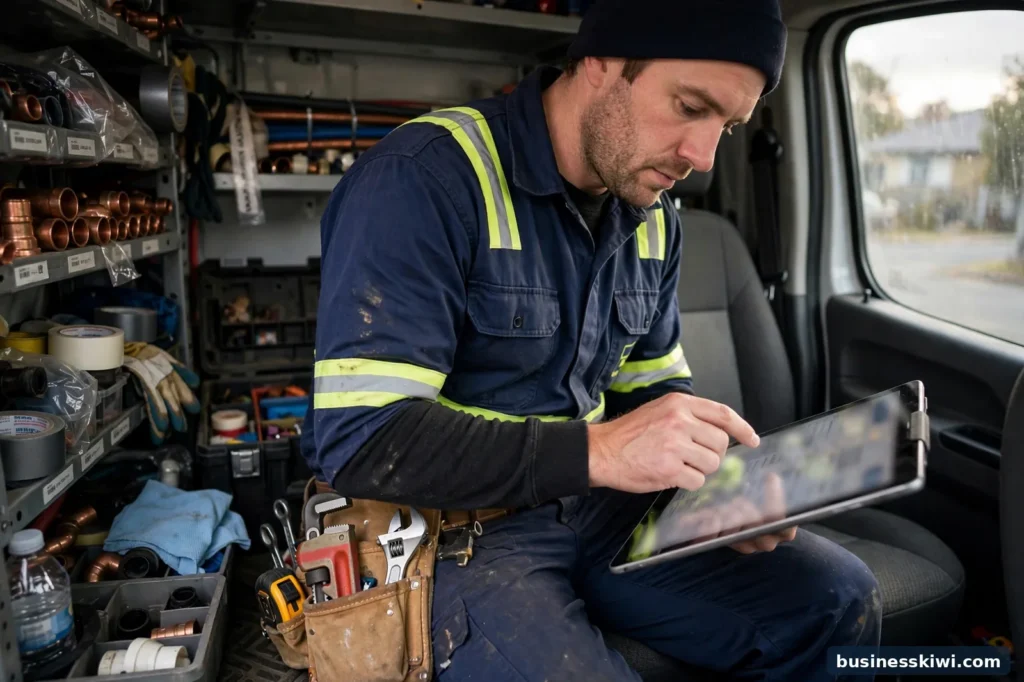A plumber writing up an invoice on a tablet in their work van