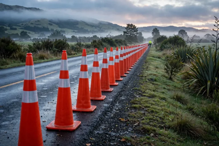 A line of orange traffic cones with reflective collars along a rural New Zealand road at dawn