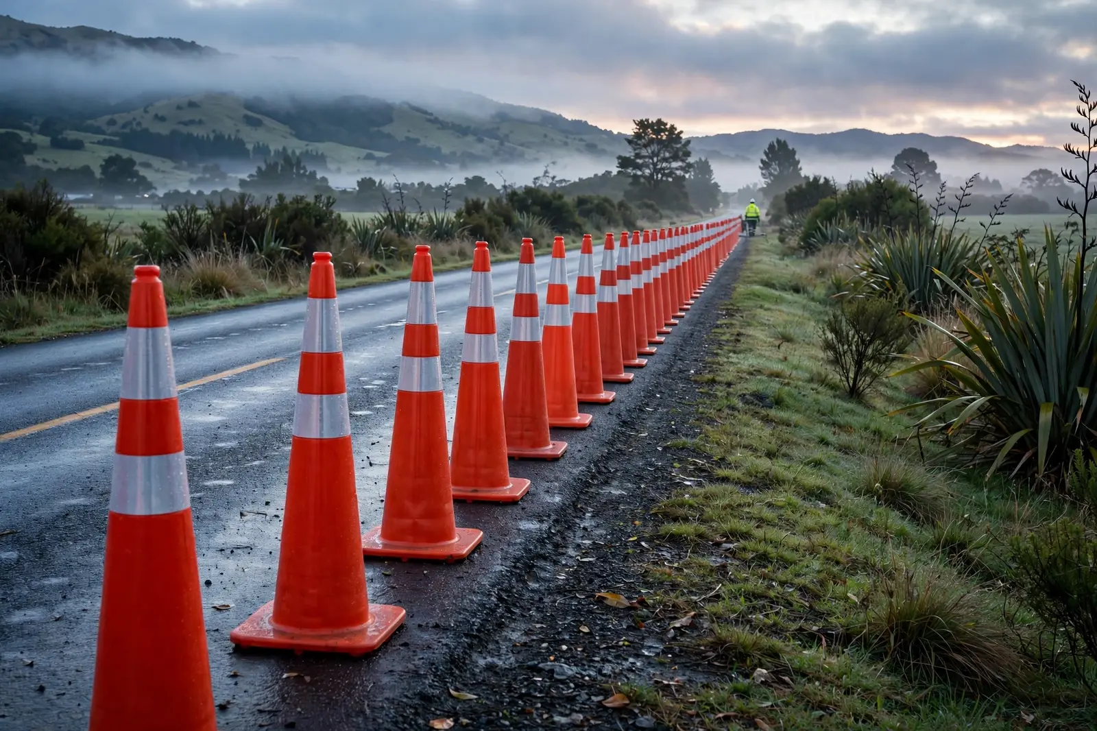 A line of orange traffic cones with reflective collars along a rural New Zealand road at dawn