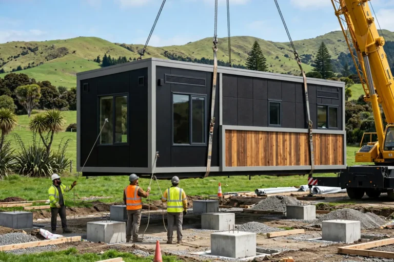 A new transportable home being lifted by crane onto its foundations