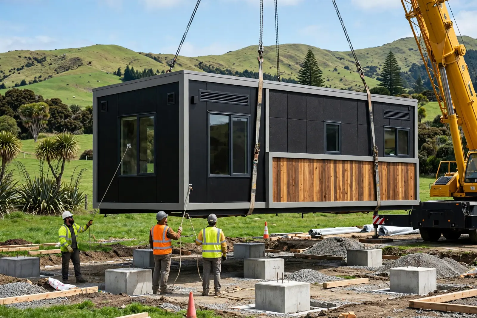 A new transportable home being lifted by crane onto its foundations