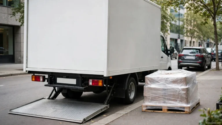 A truck tail lift lowered at the kerb