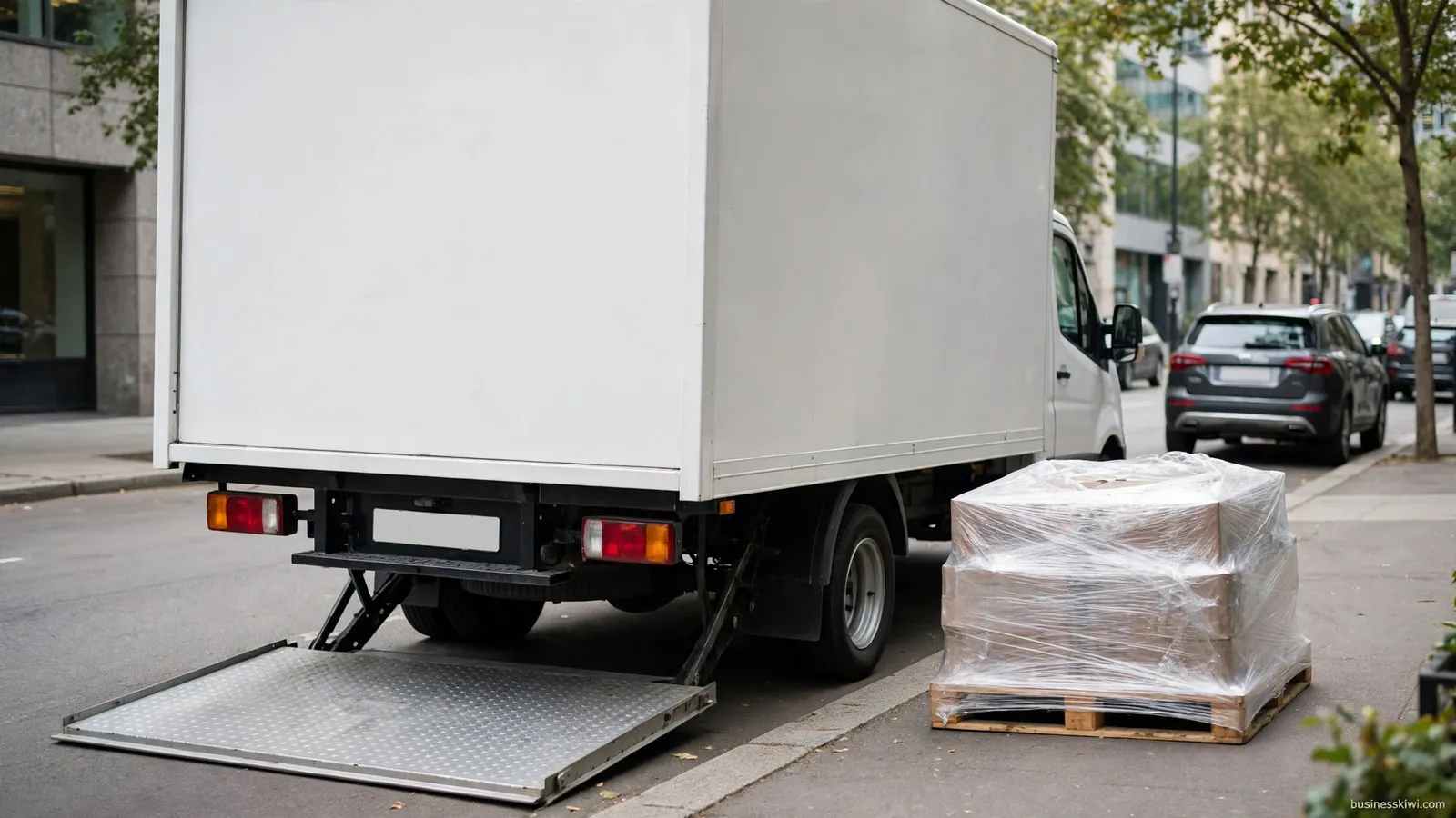 A truck tail lift lowered at the kerb