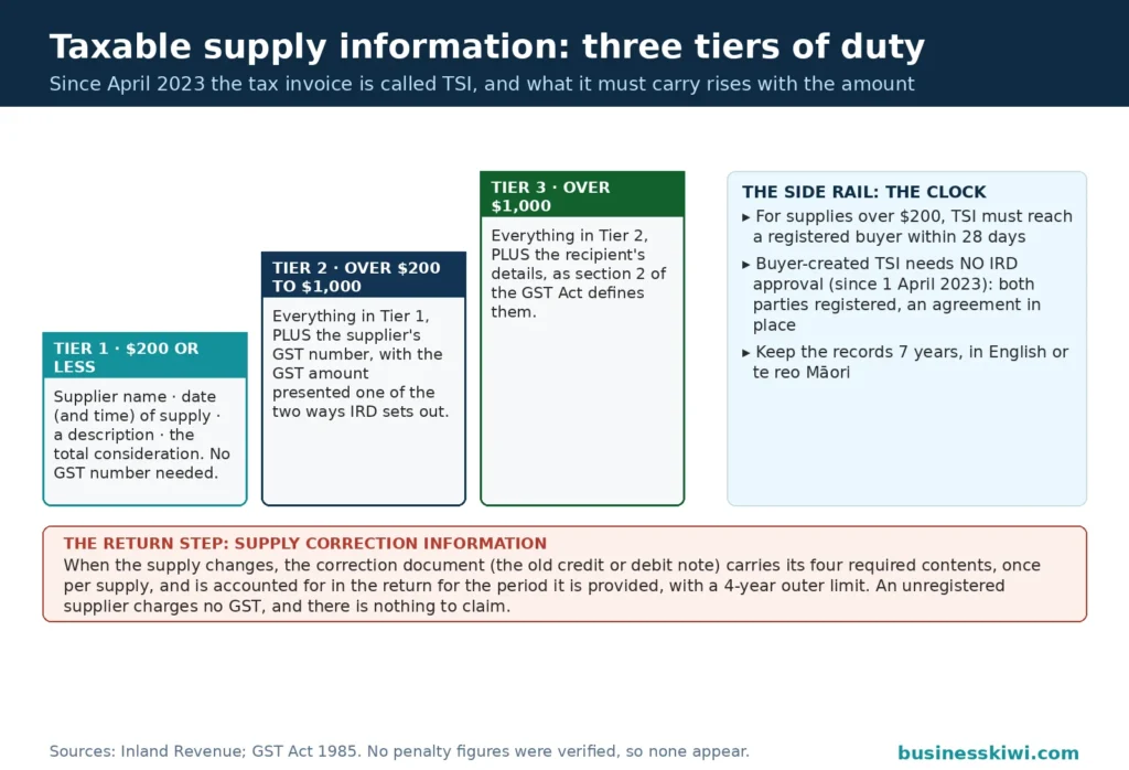 Tiered document bands for taxable supply information: $200 or less needs the supplier name, date, description and total; over $200 to $1,000 adds the GST number; over $1,000 adds the recipient's details; with the 28-day rule as the side rail and supply correction information as the return step