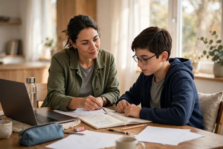 A private tutor helping a student with maths homework at a table