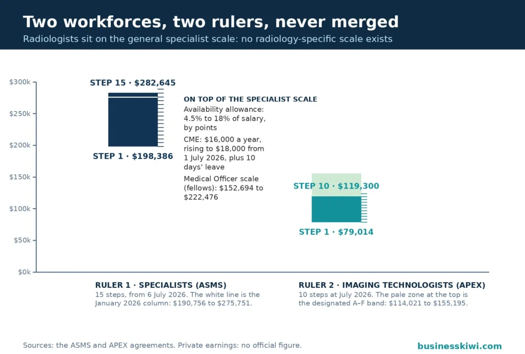 Twin pay rulers on one dollar axis: the ASMS specialist scale of 15 steps from $198,386 to $282,645 from July 2026, which radiologists sit on because no radiology-specific scale exists, beside the APEX medical imaging technologist scale of 10 steps from $79,014 to $119,300 with the designated A to F band above it