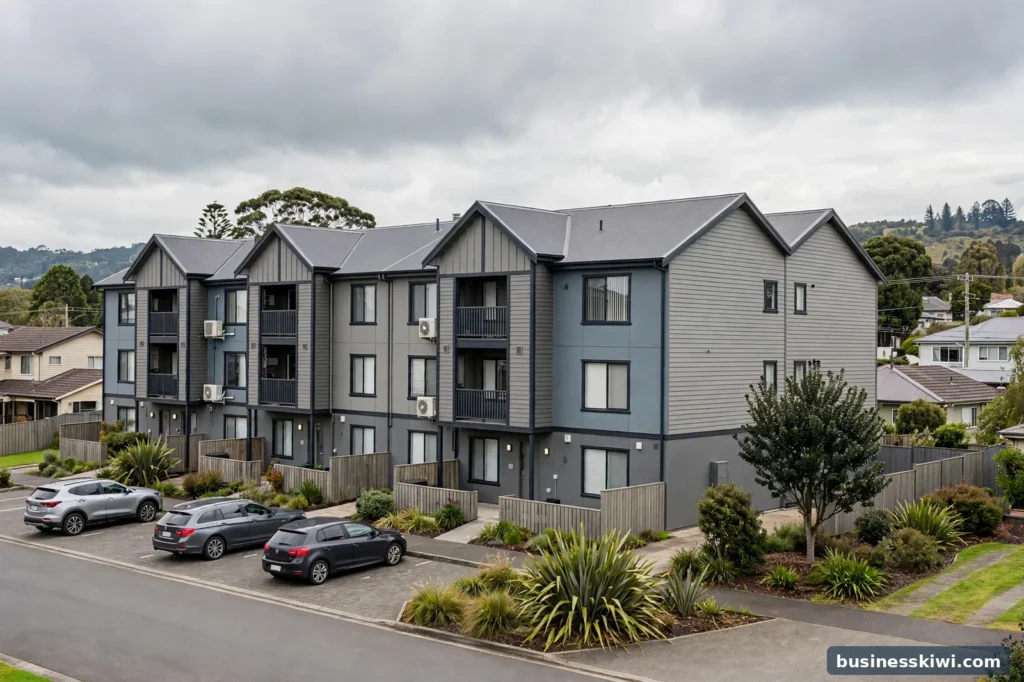 A block of unit title flats in a New Zealand suburb