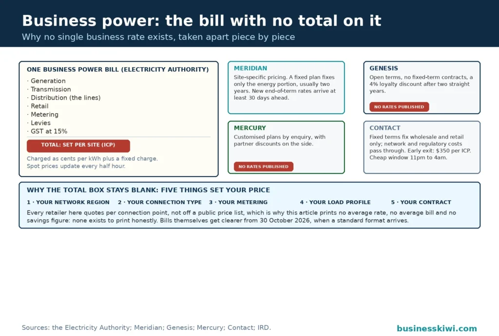 An unpriced business power bill taken apart: the seven components from generation to GST, the total box left as set per site because every retailer quotes per connection point, the four retailer cards with no rates published tags on two of them, and the five things that set the price along the base
