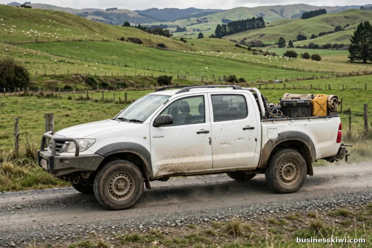 A used white double cab 4x4 ute with work gear in the tray driving on a gravel road through New Zealand farmland, businesskiwi.com