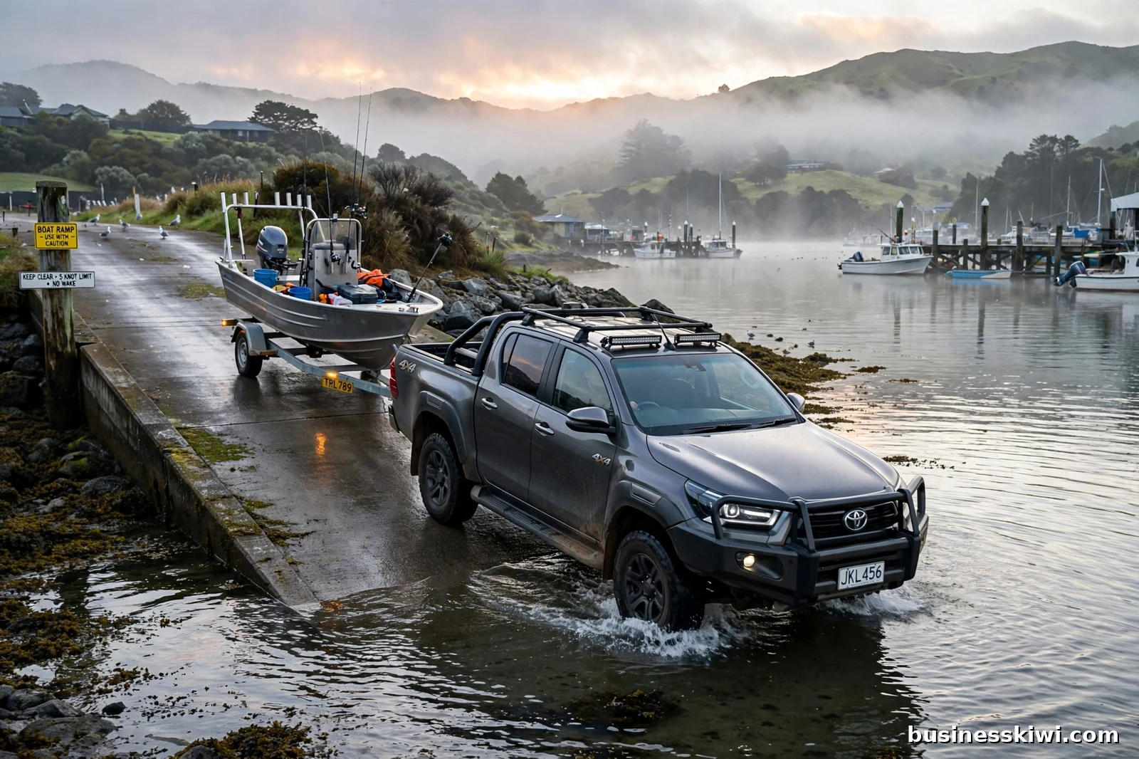 A 4x4 ute towing a fishing boat on a trailer up a boat ramp at a misty New Zealand harbour in the early morning, businesskiwi.com