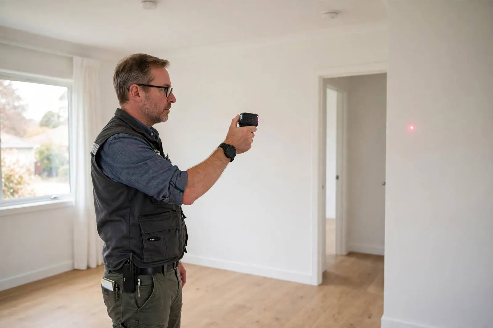 A valuer measuring a room during an inspection