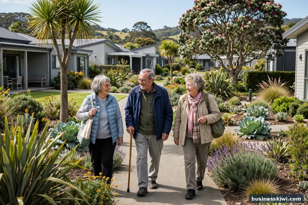 Residents walking in a retirement village garden