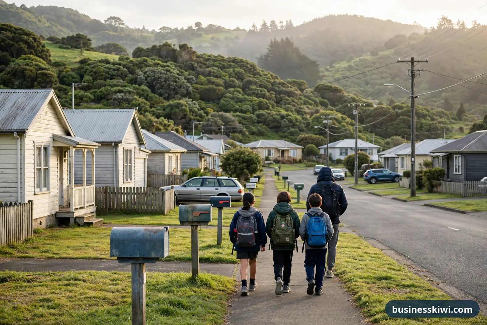 Illustration of children with backpacks walking to school along a footpath in a Porirua East style suburb, seen from behind