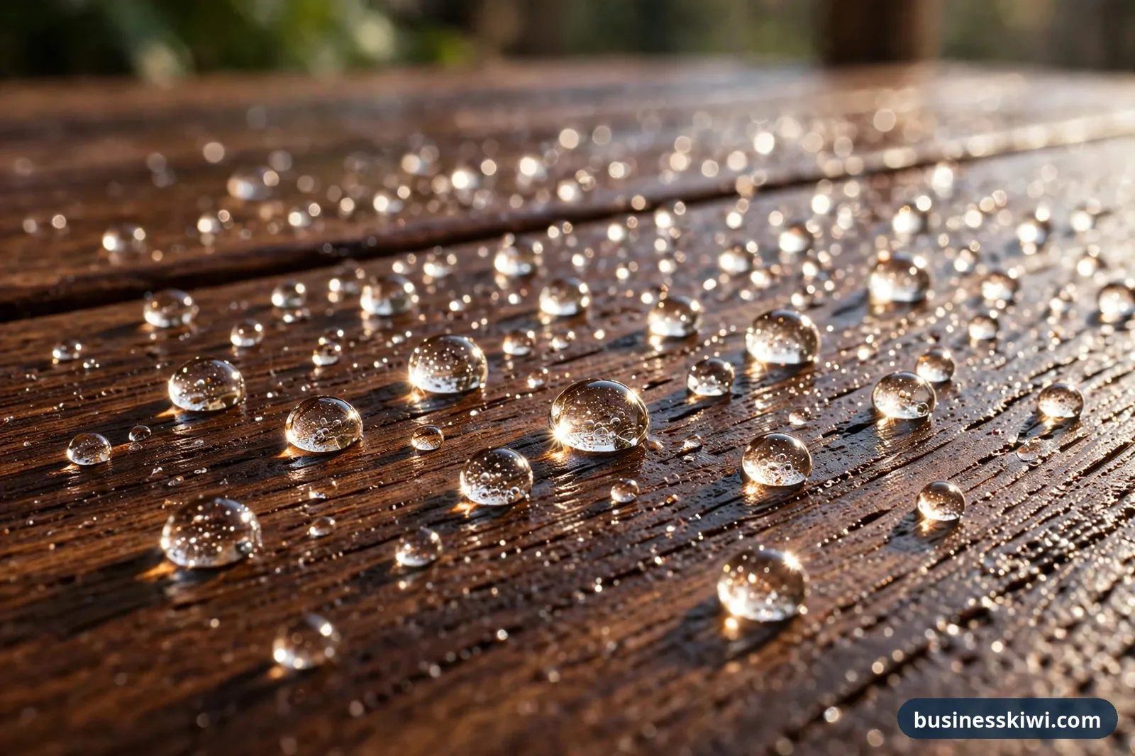 Water droplets beading on the surface of a freshly oiled dark hardwood decking board in sunlight