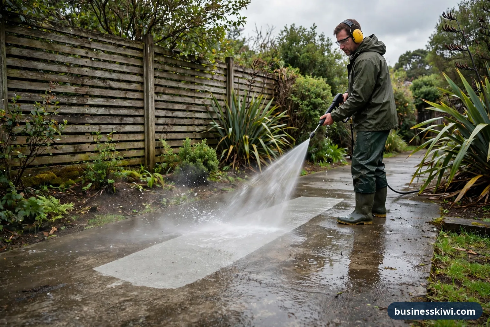 Waterblasting a concrete path to remove dirt and moss before sealing, with ear muffs, safety glasses and gumboots worn