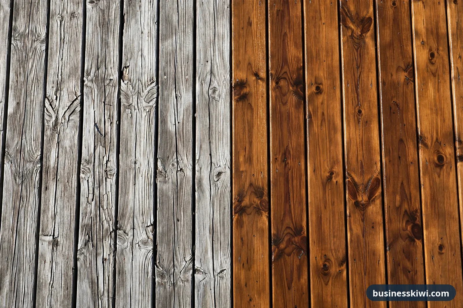 The same deck boards side by side, weathered silvery grey on the left and freshly oiled to a rich warm brown on the right
