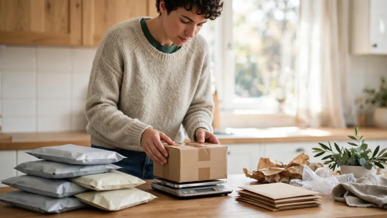Person weighing a cardboard parcel on a kitchen scale with courier bags and envelopes