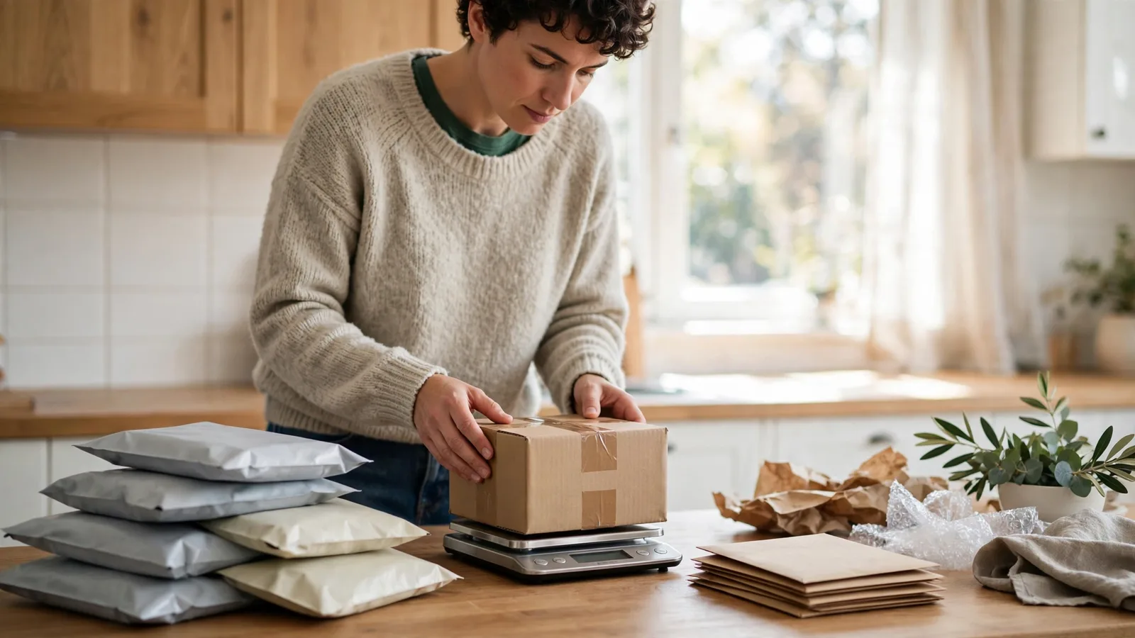 Person weighing a cardboard parcel on a kitchen scale with courier bags and envelopes