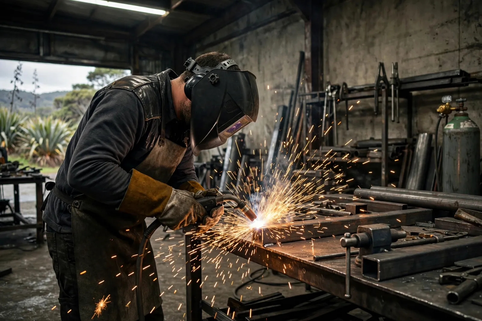 A welder in protective gear welding steel in a workshop