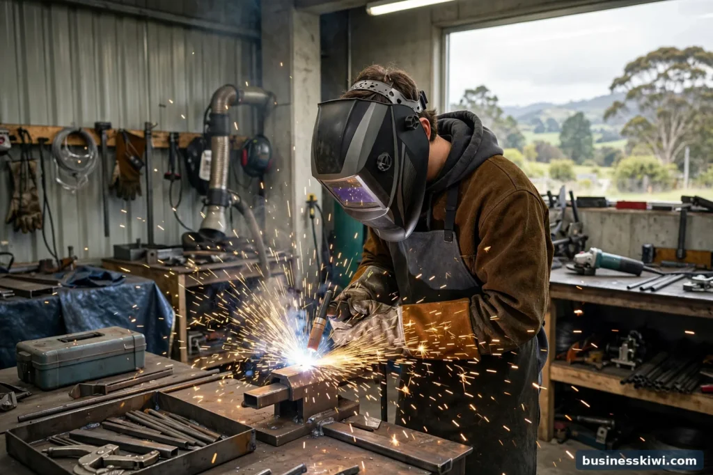 A student learning to weld in a training workshop