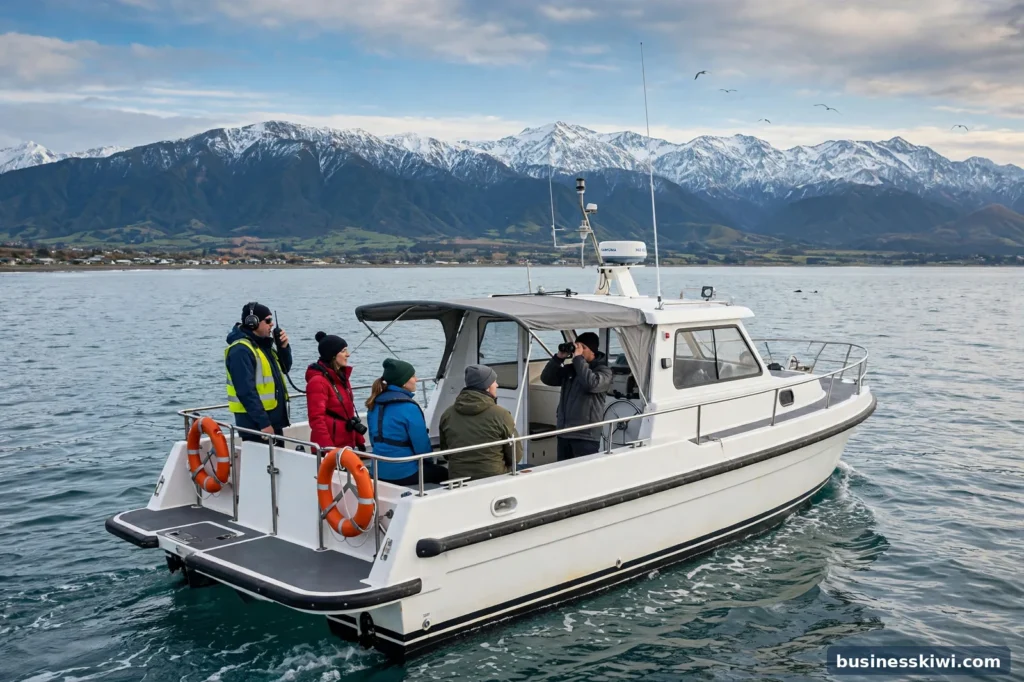 A whale watching boat off the Kaikoura coast