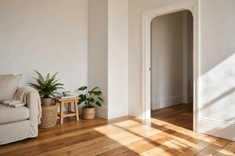 White skirting boards and architrave in a sunlit room with timber floors