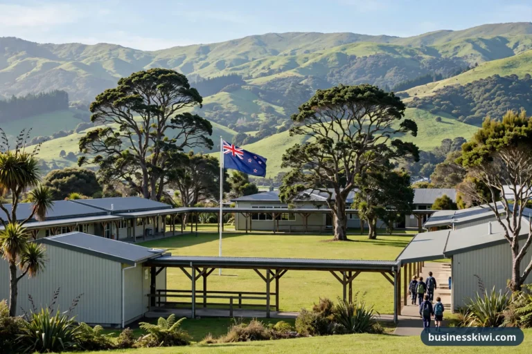 Illustration of a New Zealand primary school with classroom blocks, a covered walkway, the national flag and green hills behind