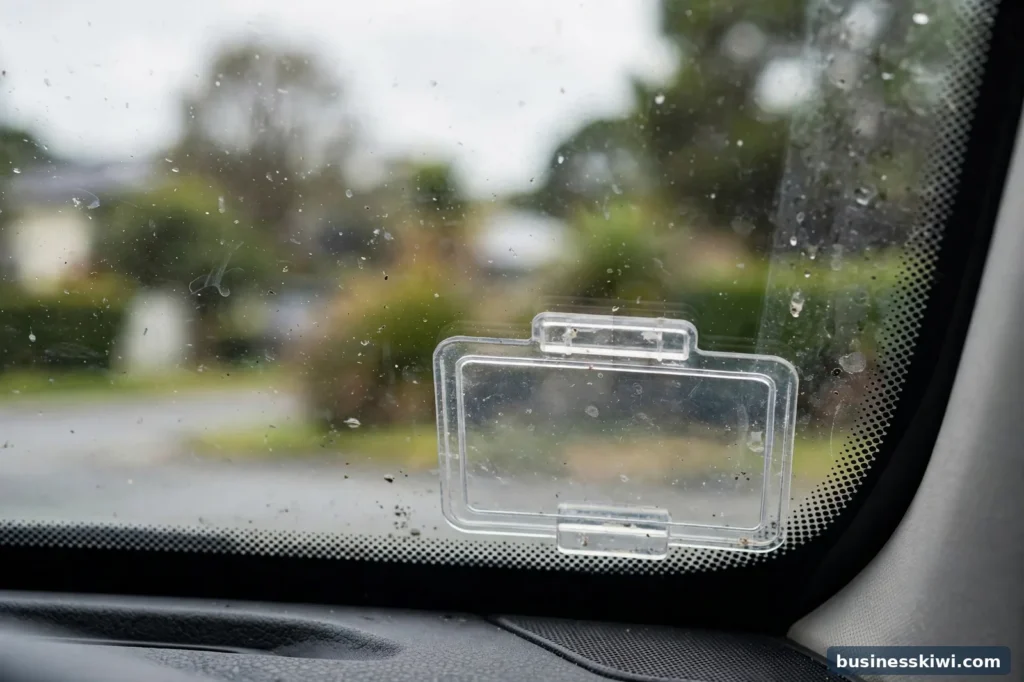 A car windscreen with a licence label holder