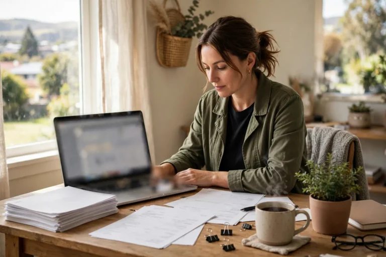 A small business owner doing bookkeeping on a laptop at her desk with invoices and coffee
