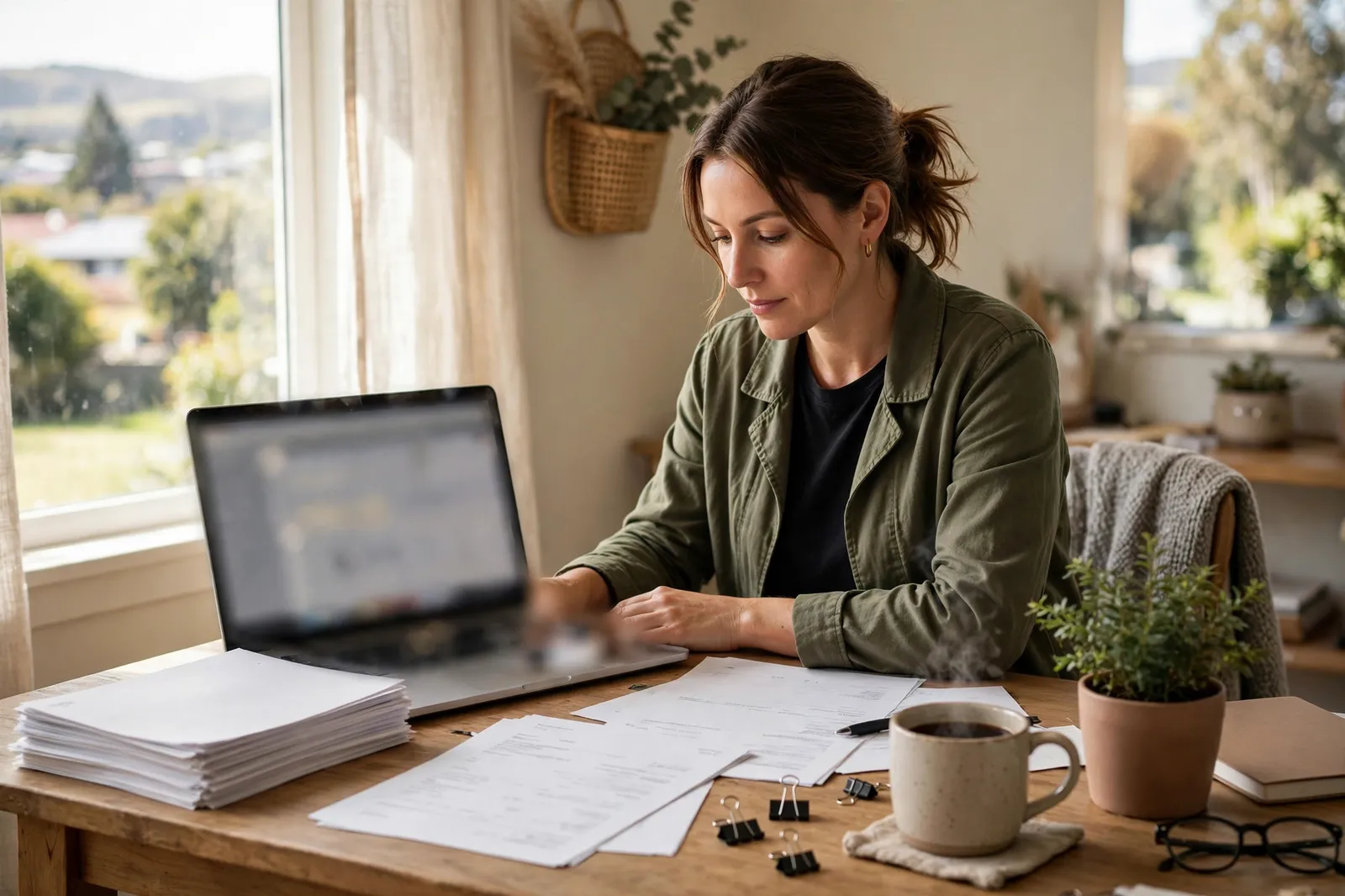 A small business owner doing bookkeeping on a laptop at her desk with invoices and coffee