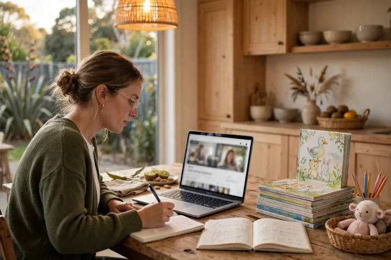 A woman studying early childhood education online at home with a laptop and children's books