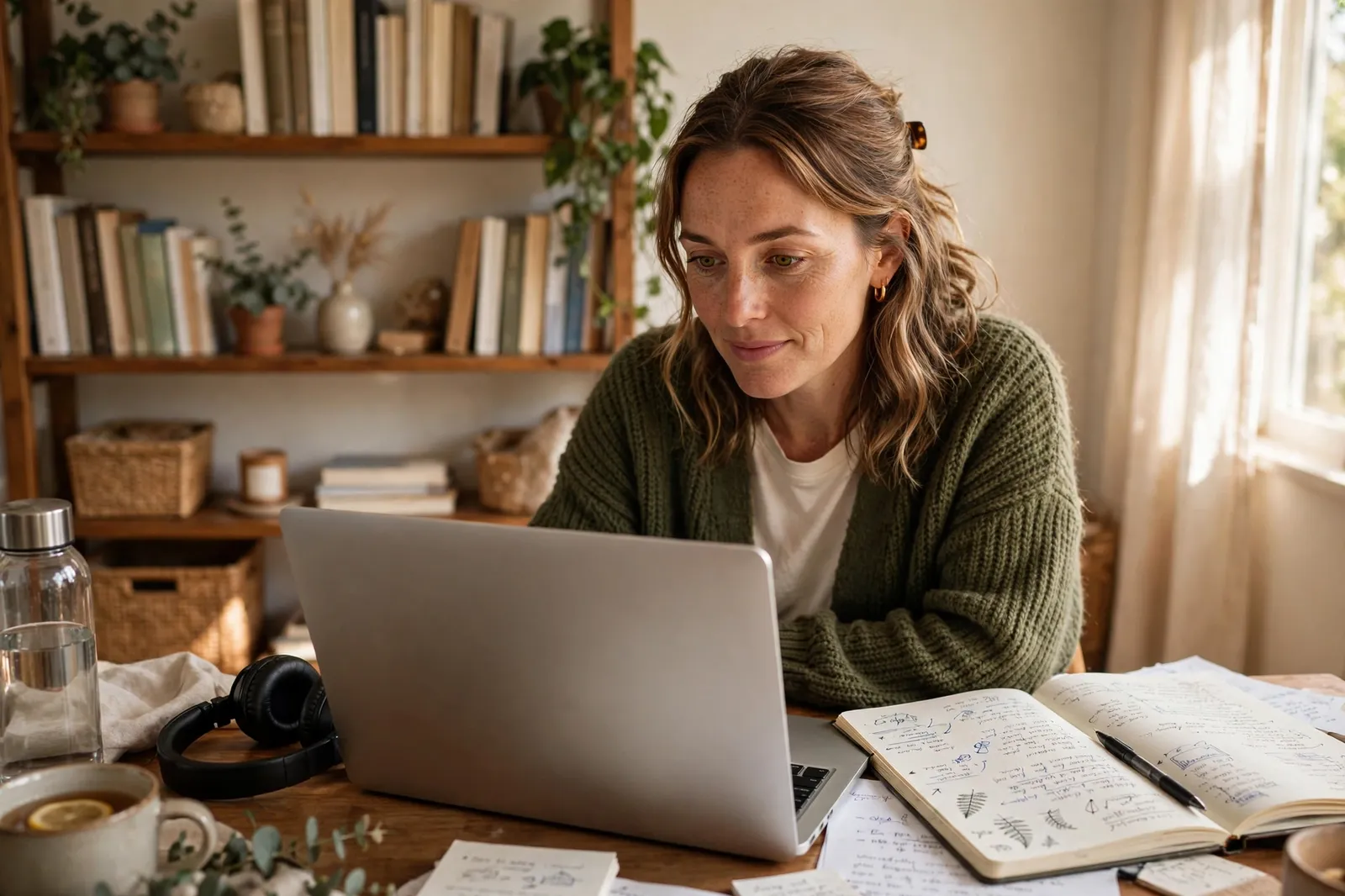 A woman studying an online course on a laptop at home with a notebook open beside her