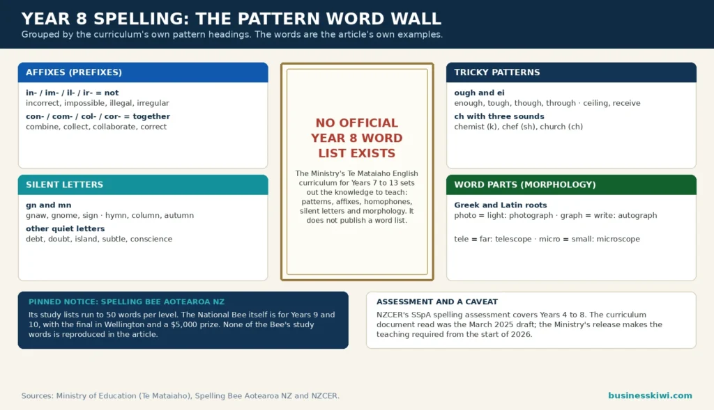 Year 8 spelling pattern word wall infographic: prefix groups, silent letters, tricky ough and ei patterns, Greek and Latin roots, an empty frame showing no official Ministry Year 8 word list exists, Spelling Bee lists of 50 words per level, and NZCER assessment for Years 4 to 8