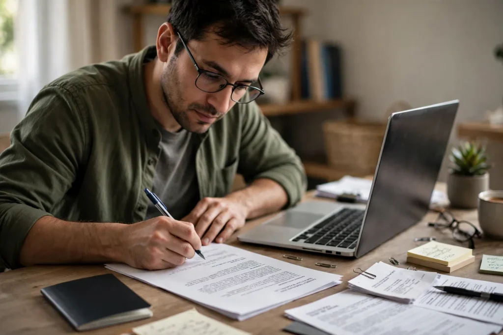 A man preparing his work visa application documents