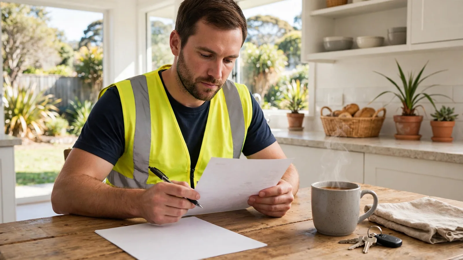 Worker in a hi-vis vest checking a payslip at a kitchen table
