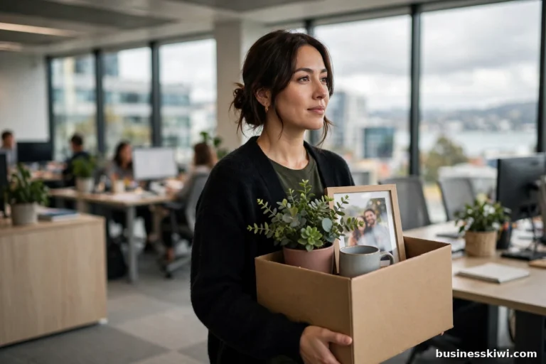 A worker carrying a box with a desk plant, mug and framed photo out of a modern office after being made redundant