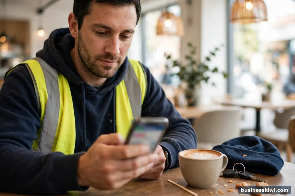 A worker checking their payslip on their phone during a break