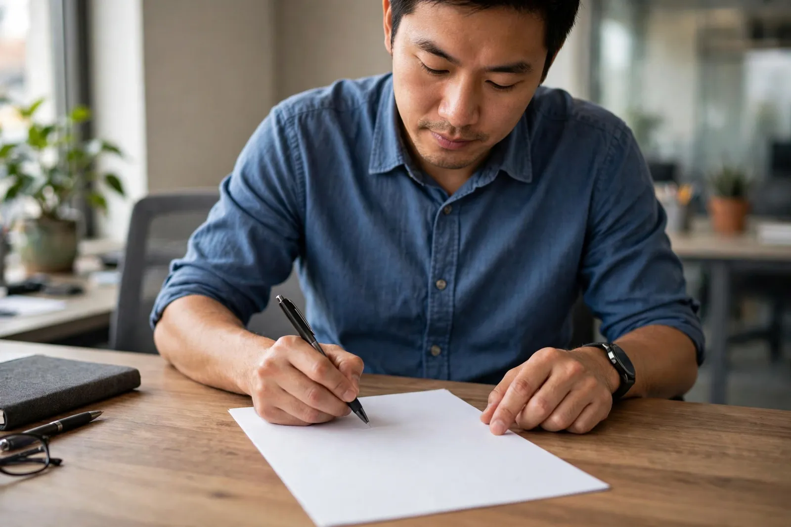 A worker signing an employment agreement