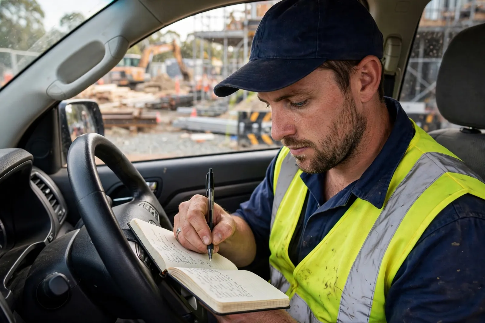 A worker writing in a vehicle logbook in the driver seat