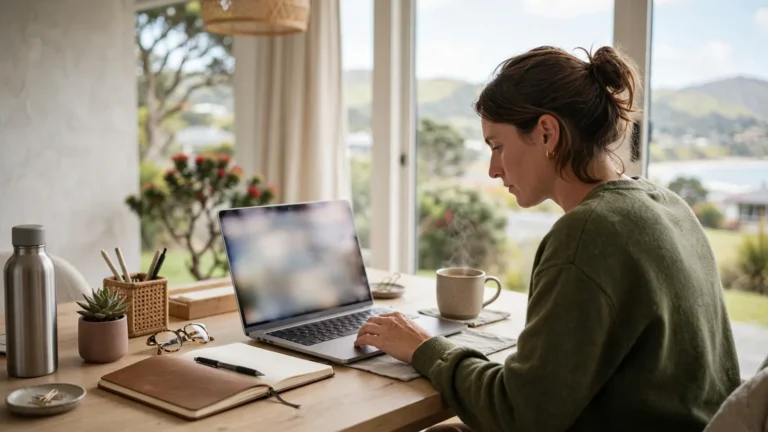 Person working remotely on a laptop at a home office desk
